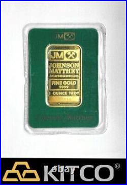 Vintage Johnson Matthey 1 oz Fine Gold Minted bar 9999 Green Assay Card #A 67211