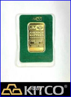 Vintage Johnson Matthey 1 oz Fine Gold Minted bar 9999 Green Assay Card #A 68685