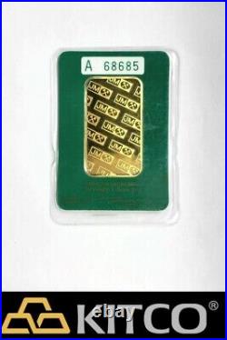 Vintage Johnson Matthey 1 oz Fine Gold Minted bar 9999 Green Assay Card #A 68685