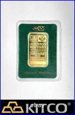 Vintage Johnson Matthey 1 oz Fine Gold Minted bar 9999 Green Assay Card #B 21281