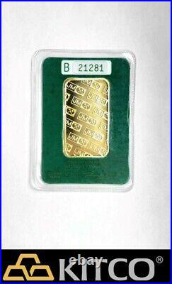 Vintage Johnson Matthey 1 oz Fine Gold Minted bar 9999 Green Assay Card #B 21281