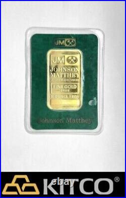 Vintage Johnson Matthey 1 oz Fine Gold Minted bar 9999 Green Assay Card #B 21282