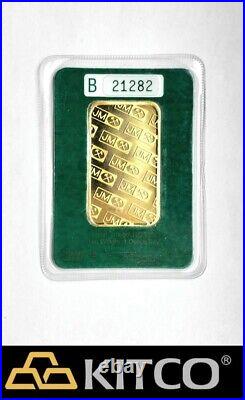 Vintage Johnson Matthey 1 oz Fine Gold Minted bar 9999 Green Assay Card #B 21282