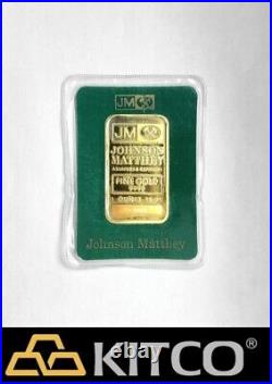 Vintage Johnson Matthey 1 oz Fine Gold Minted bar 9999 Green Assay Card #B 40198