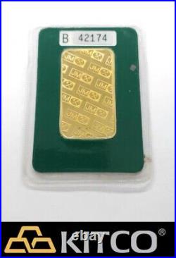 Vintage Johnson Matthey 1 oz Fine Gold Minted bar 9999 Green Assay Card #B 42174