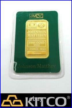 Vintage Johnson Matthey 1 oz Fine Gold Minted bar 9999 Green Assay Card #B 45891
