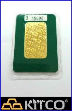 Vintage Johnson Matthey 1 oz Fine Gold Minted bar 9999 Green Assay Card #B 45891