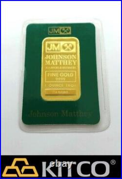 Vintage Johnson Matthey 1 oz Fine Gold Minted bar 9999 Green Assay Card #B 45893