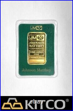 Vintage Johnson Matthey 1 oz Fine Gold Minted bar 9999 Green Assay Card #B 47376
