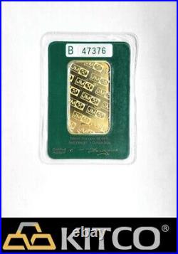 Vintage Johnson Matthey 1 oz Fine Gold Minted bar 9999 Green Assay Card #B 47376