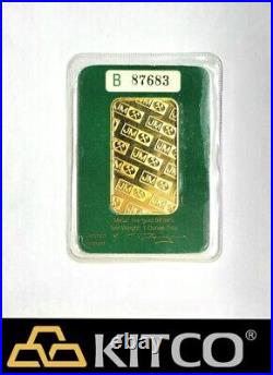 Vintage Johnson Matthey 1 oz Fine Gold Minted bar 9999 Green Assay Card #B 87683