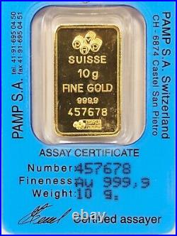 Vintage PAMP Suisse Blank 10 Gram 999,9 Fine Gold Bar Sealed in Assay
