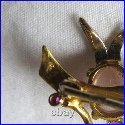 Vintage Solid 18ct Gold Rose Quartz Agate Ruby Bird Design Bar Brooch
