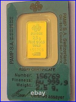 Vintage green Assay 2.5 gram Gold Bar PAMP Suisse Lady Fortuna. 9999 Fine dream