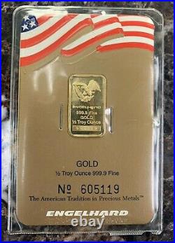 Vtg Engelhard 1/2 Troy Ounce. 9999 Fine Gold Bar Sealed Assay Card & Coa Rare