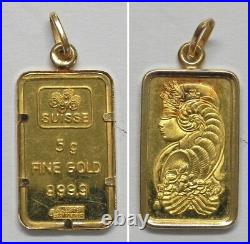 X4644 Suisse 5 gram. 9999 Fine Gold Bar in 21K Bezel Pendant